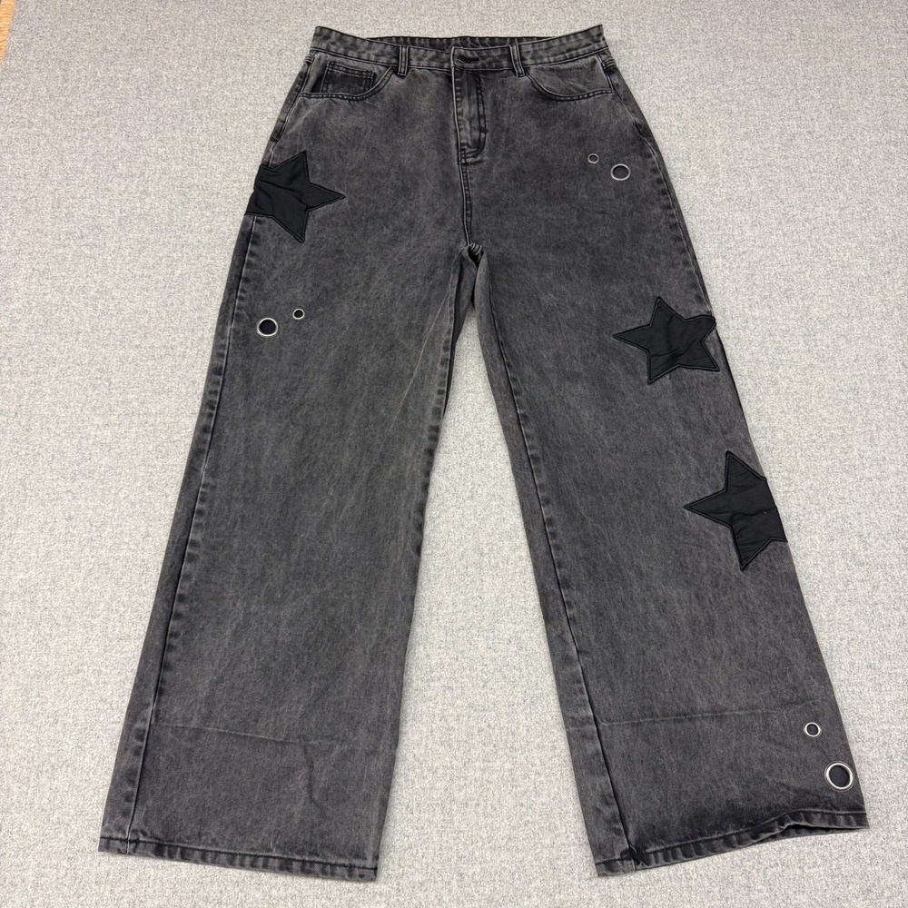 Daisy Street Wide Leg Jeans Size 17 Black Acid Wash Star Patch Grommet Pants